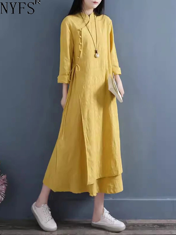 NYFS 2025 Primavera Autunno Nuove Donne Abiti Abiti Robe Elbise Allentato Plus Size Cotone Lino Doppio Strato Abito Lungo 2
