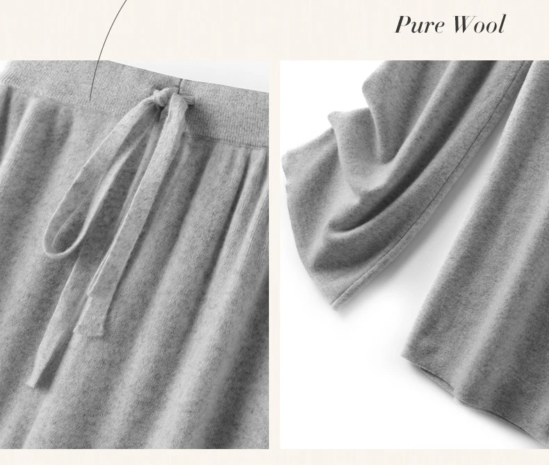 سراويل نسائية صوف مستقيمة للخريف والشتاء بخصر مطاطي 100% صوف ميرينو محبوك بجيوب صلبة سراويل كلاسيكية للمكتب للسيدات