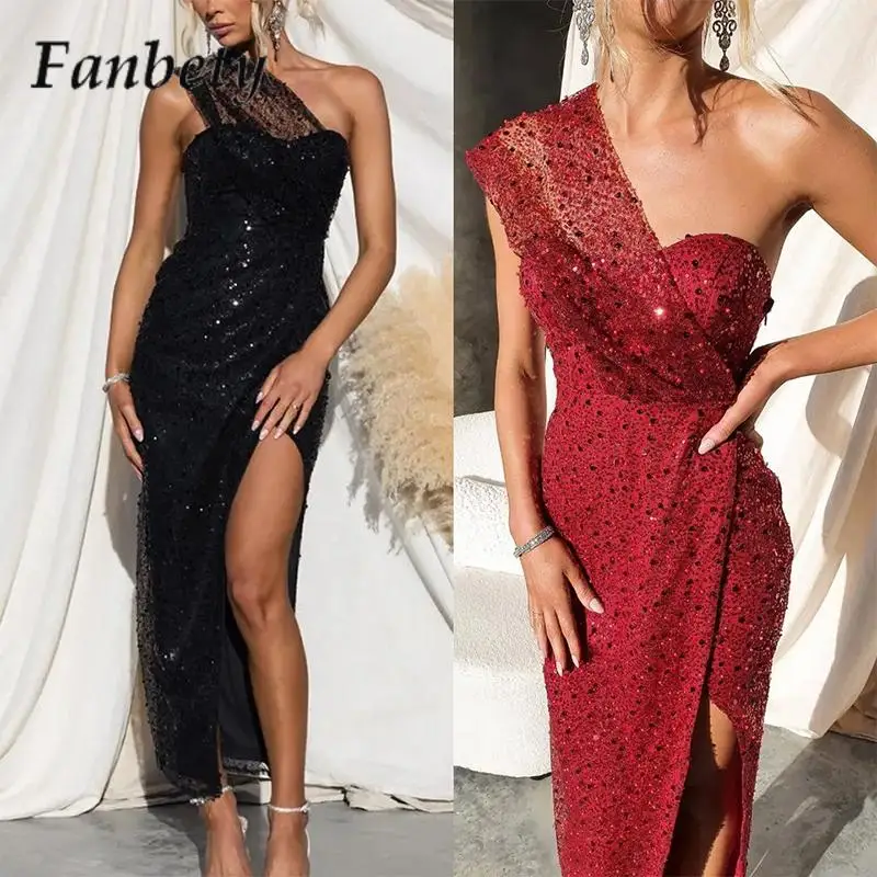 

Fashion Halter High Split Party Dress Elegant Women Straight Tight Dating Dress Chic Slanted Shoulder Sequins Sexy Banquet Dress