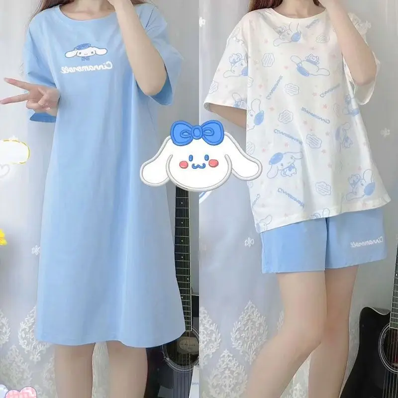 

Летняя Милая Ночная рубашка Sanrio аниме Cinnamoroll с коротким рукавом Милая мультяшная Хлопковая пижама рубашка Штаны Одежда подарки для девочек