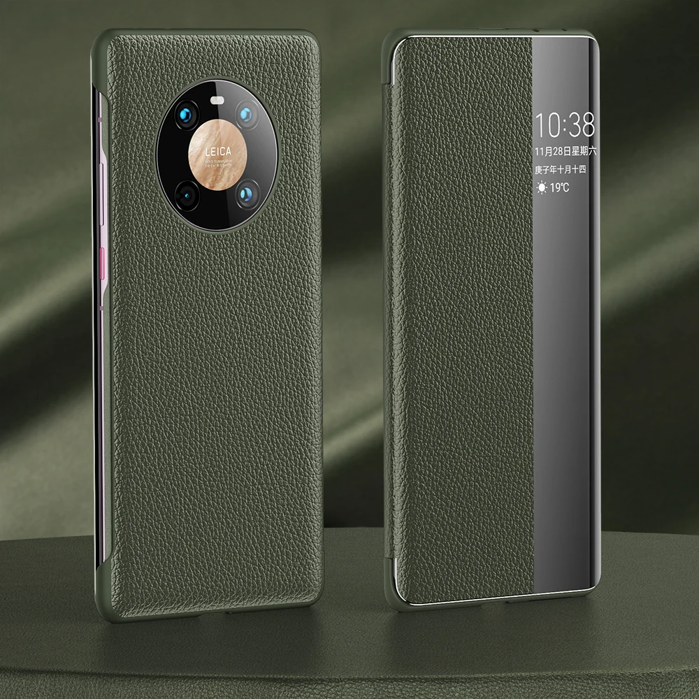 SmartDevil Smart View Flip Cover Leather Phone Case For Huawei Mate 40 Pro + Protector Back Cover With Touch View Litchi Stria waterproof pouch for swimming Cases & Covers