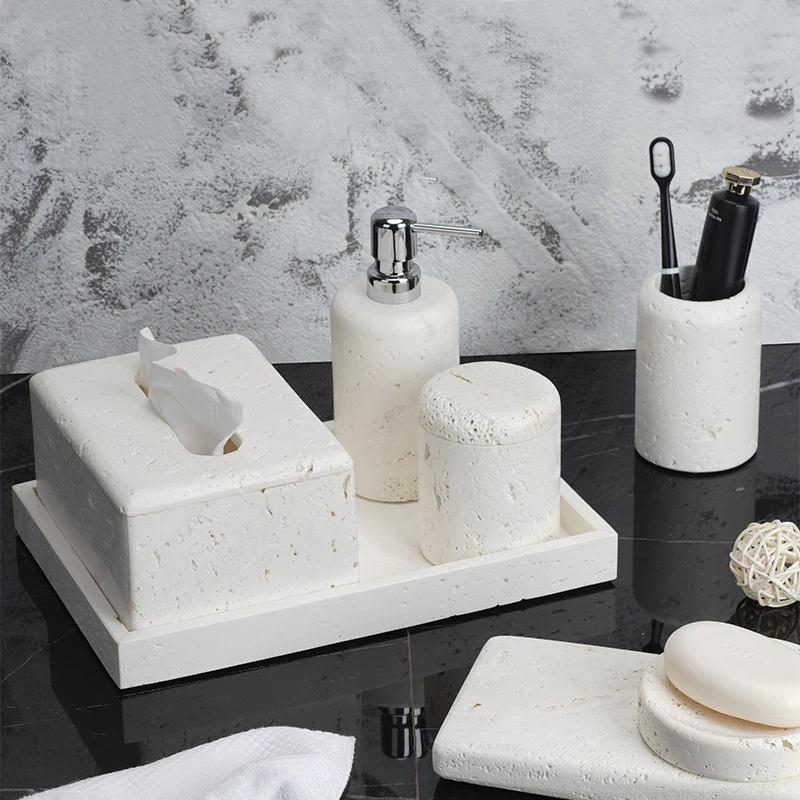 RQYIXI Bathroom Accessories Set 4 Pcs Marble Look Sets Toothbrush Holder Soap Dispenser Counter Top Ceramic Bathroom Decor Set Gold-558717