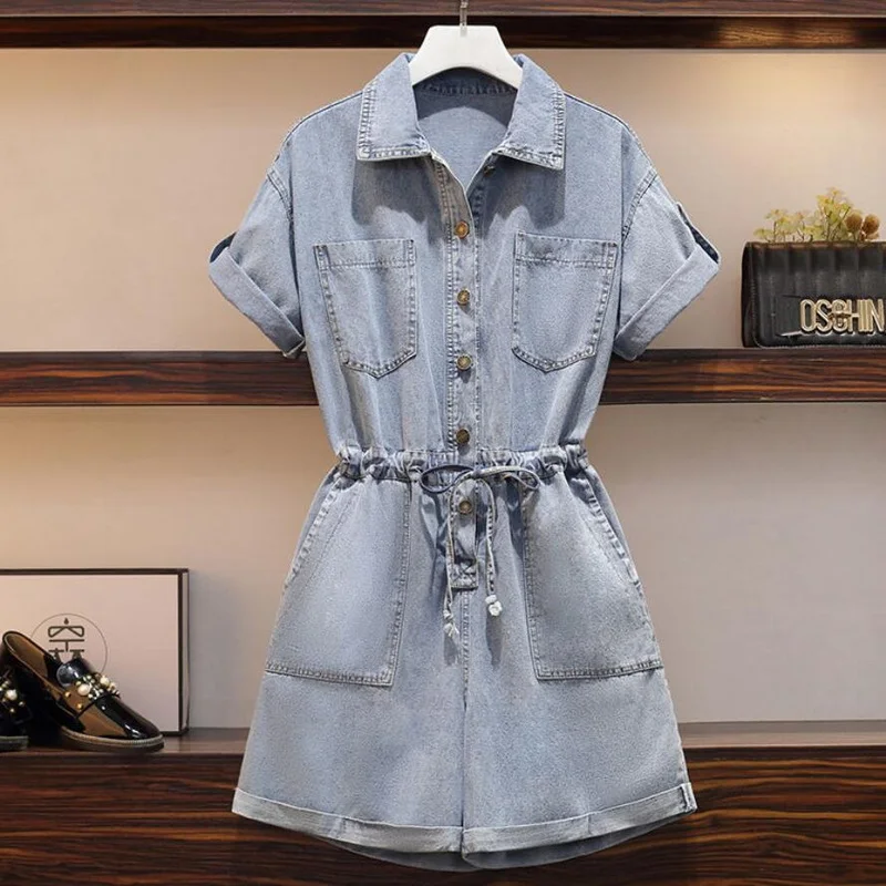 

Women Rompers Denim Jumpsuit Fashion Sequin Elastic Waist Large Pocket Zip Cargo Playsuits