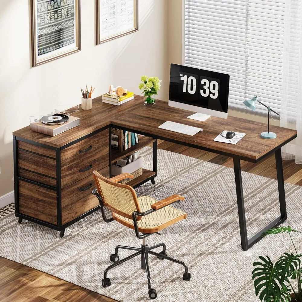 L-Shaped Computer Desk with 3 Drawers, Reversible Corner Home Office Desk with Shelves 3