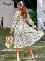 Floral slash neck long sleeve ruffle summer dress women Holiday beach belt Square collar elastic dresses