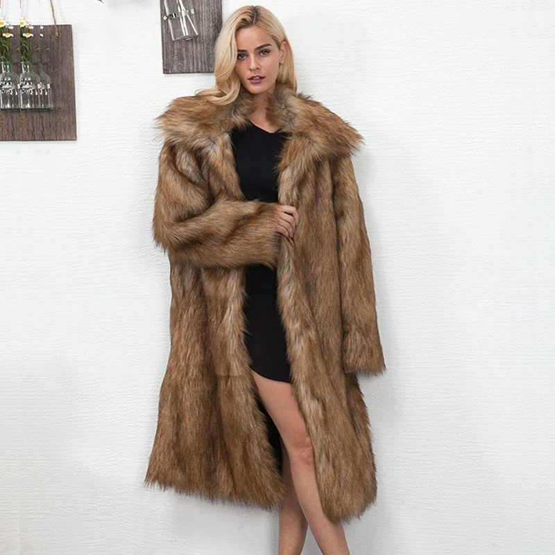 

Autumn Winter Women Elegant Korean Long Faux Fox Fur Coat Casual Turndown Collar Long Sleeve Thick Warm Imitation Fur Overcoat