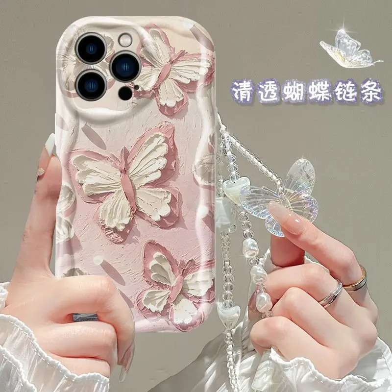 Elegant Butterfly Pattern Phone Case with Lanyard Attachment