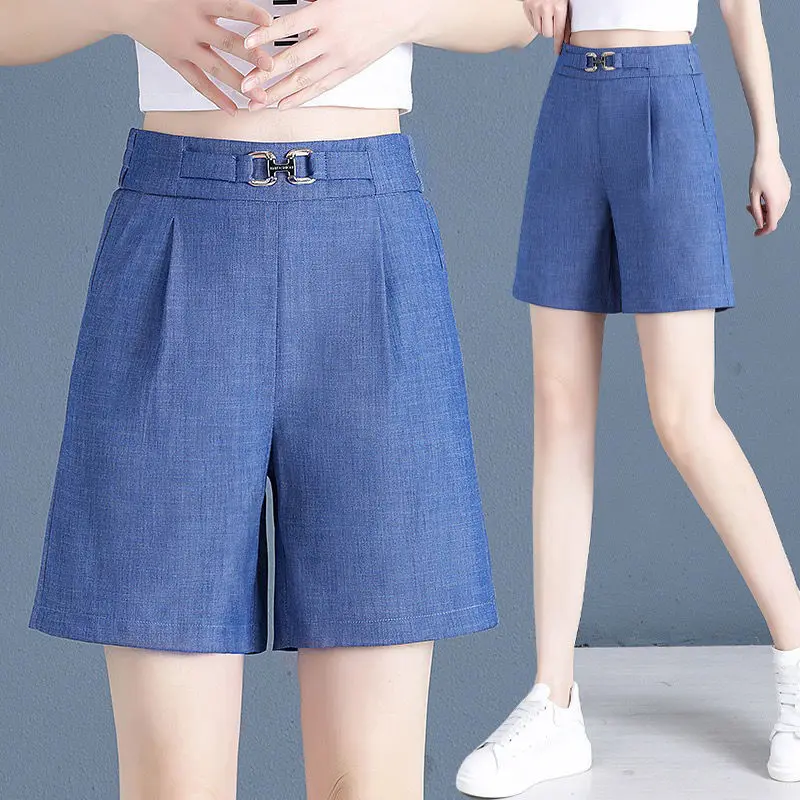 

Summer Casual Bright Line Decoration Solid Color High Waist Loose Wide Leg Pants Female Office Lady Pocket Elastic Waist Shorts