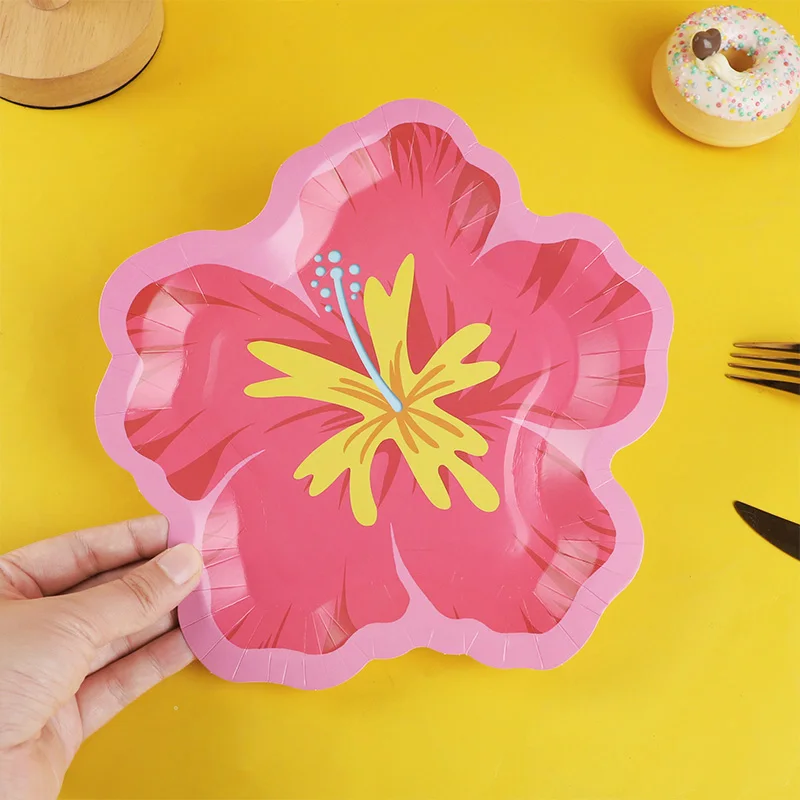 10/20 Stück Sommer-Party Hibiskusblüten-förmige Pappteller Hawaiian Luau Tropische Geburtstagsfeier Tischdekoration Hochzeitszubehör – Detail 8