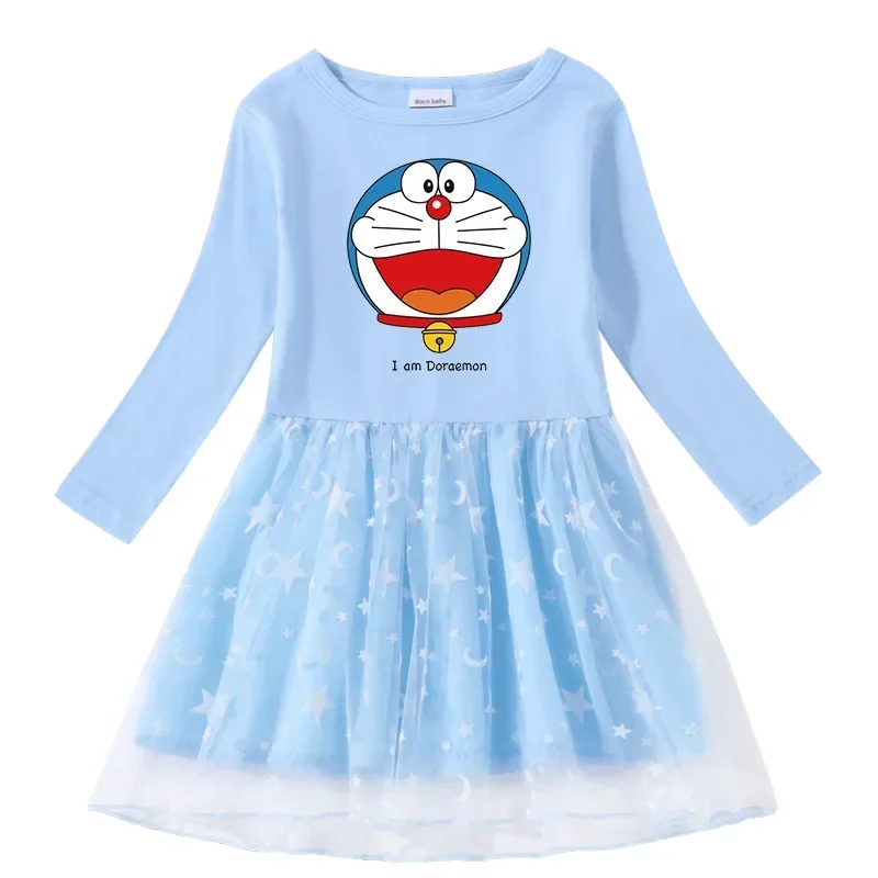 Doraemon Spring and Autumn New Cross-border Girls Dress Cotton Print Cartoon Star Moon Mesh Long Sleeve Princess Dress
