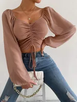 T-Shirt court à manches transparentes pour femmes, cordon de serrage sur le devant, col plongeant, manches longues, tricot côtelé, chemisier froncé, haut Sexy, tenue de printemps et d'été 6