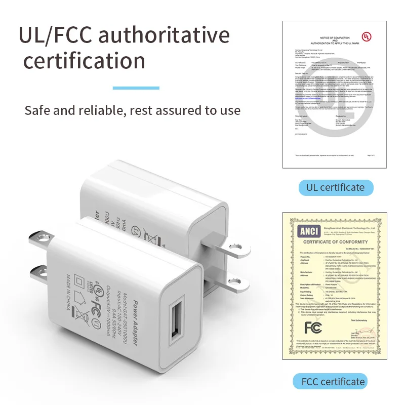 5V 1A 미국 충전 헤드 220V USB 인터페이스 휴대 전화 전원 어댑터, 편리한 여행 FCC 인증 직접 충전 플러그