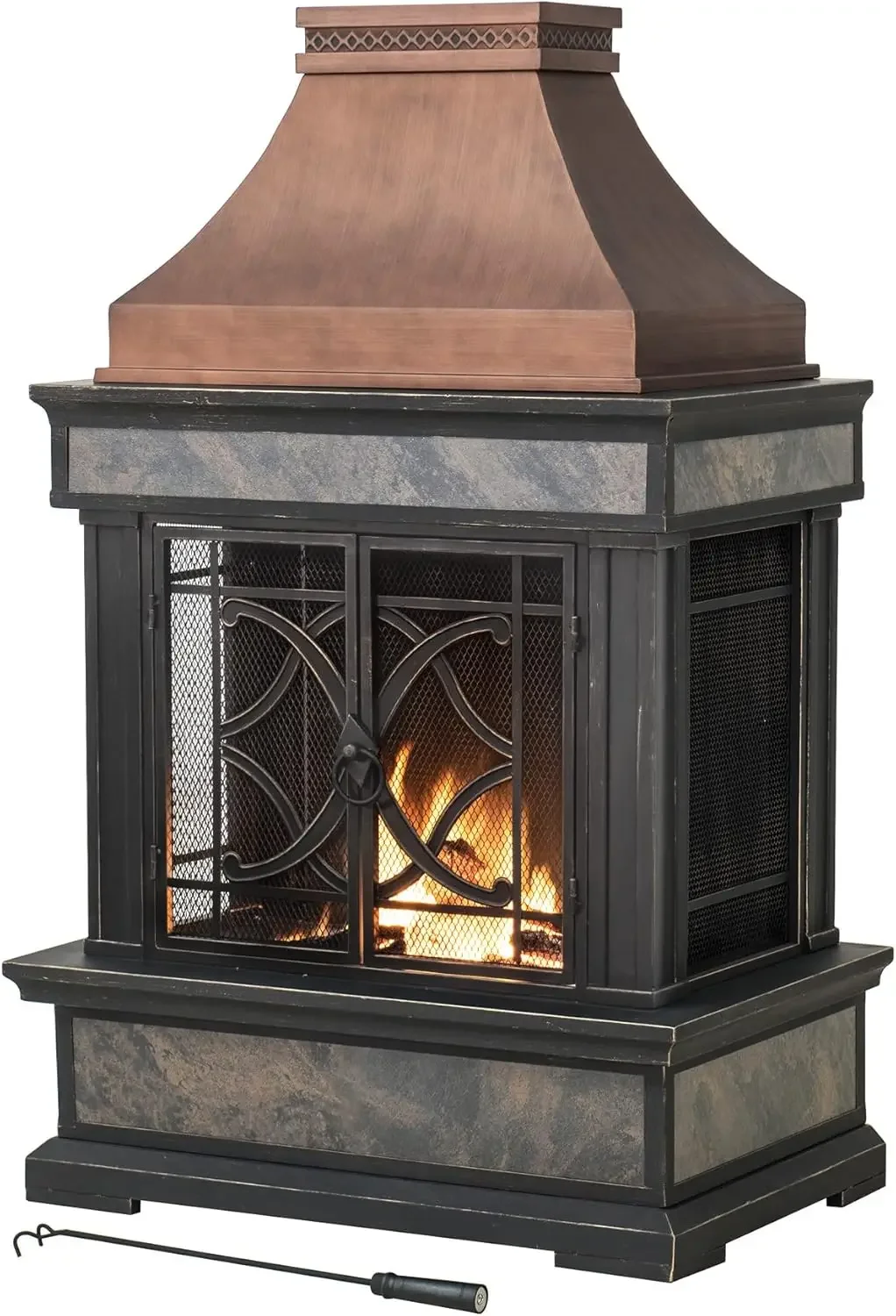 Outdoor Fireplace Stone Look Tile Patio Wood Burning Steel Fireplace with Chimney Spark Screen Fire Poker Rain Cover