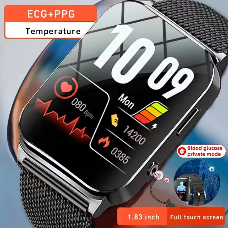 

ECG+PPG Blood Glucose Smart Watch Men Blood Pressure Temperature Monitoring 24 Hour 1.83Inch Waterproof Smartwatch Custom Dial