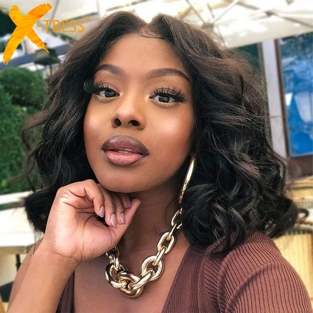 Short Bob Synthetic Lace Front Wigs For Black Women Loose Wave Natural Brown Colored Heat Resistant Fiber Soft Hair Wig X-TRESS