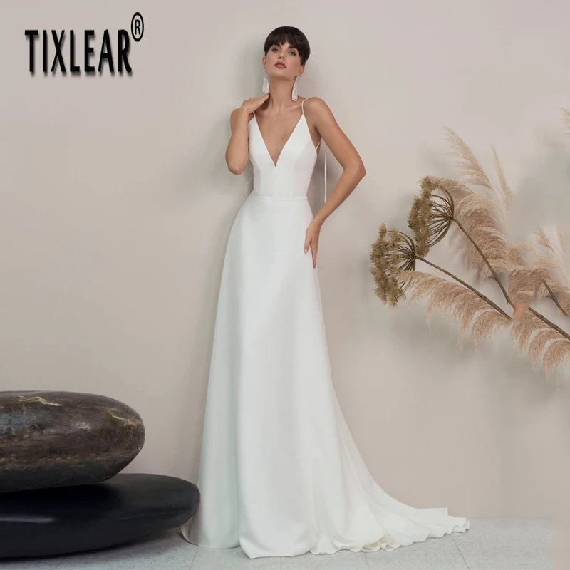 

TIXLEAR Ivory A-LINE V-neck Court Train Chiffon Wedding Dress BOHO Beading Button vestido de noiva brautkleider robe de mariée