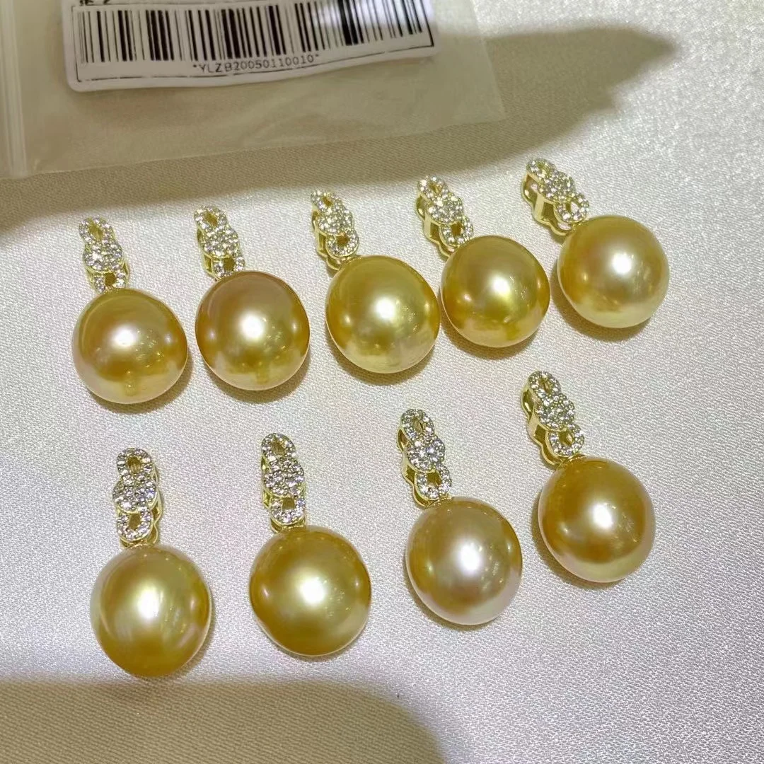 925 Sterling Silver Necklace Pendant for Women 12-13mm Rice Round Seawater Gold Pearls Fashion Girl's Jewelry Accessories
