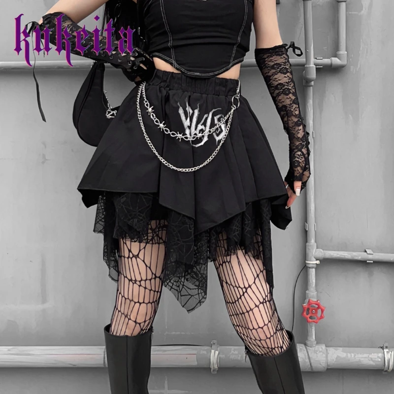 

Gothic Lace Black Irregular High Waist Chain Skirts Rock Hot Girl Short Skirt Summer Y2k Alternative Harajuku Grunge Streetwear