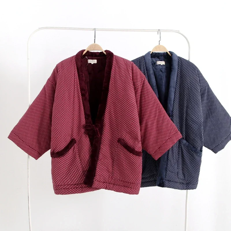 

Hanten Jacket with Pocket Women Winter Japanese Clothes Cardigan Lace Up Cotton-padded Traditional Japanese Clothing Men Tops