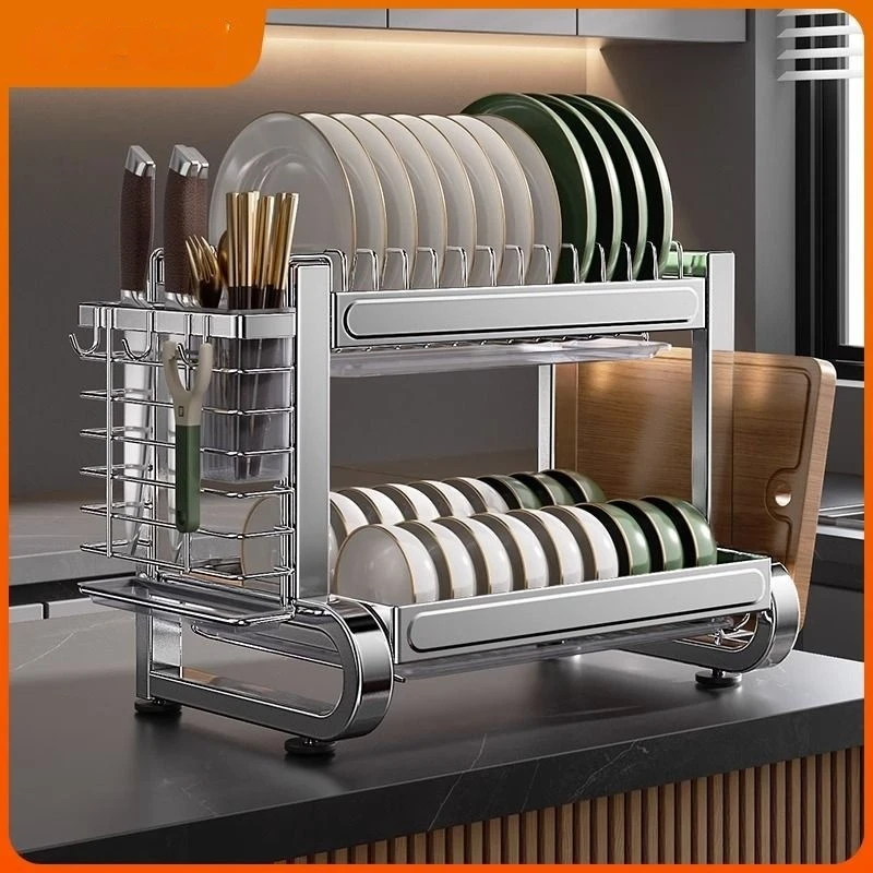 

2 /3 Tier Dish Bowl Drainer Storage Rack Kitchen Dish Drying Rack with Drain Basket Countertop Dinnerware Organizer Drainboard