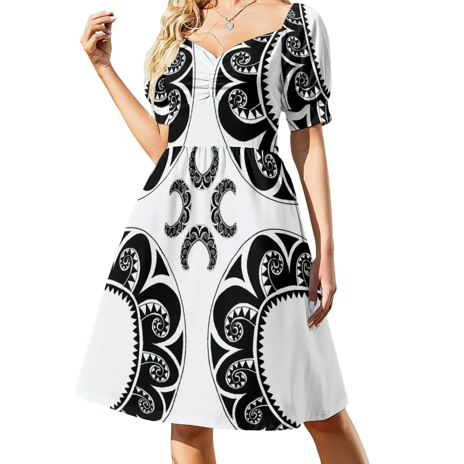 thumbnail image 1 of Vestido maorí de manga corta con estampado cruzado, vestidos de fiesta para mujer, conjuntos de verano para mujer, 1 of 8