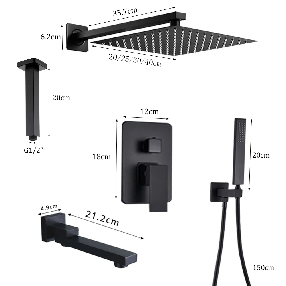 Wall Mount Bathroom Shower Faucet 8/10/12/16 Inch Rainfall Mixed Hot Cold Water Mixer Bathtub Tap Hand Sprayer