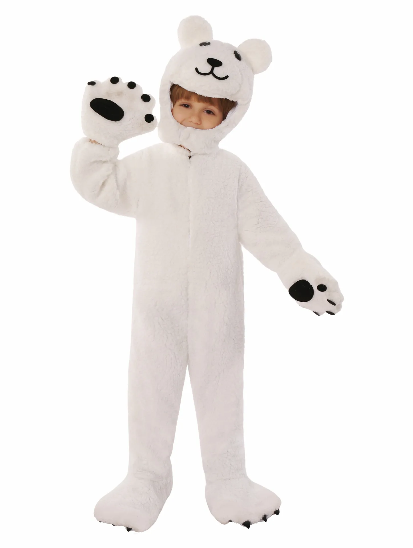 Kids Polar Bear Costume Plush Onesie with Hooded Back Zipper Easy Wear Animal Clothes Outfit
