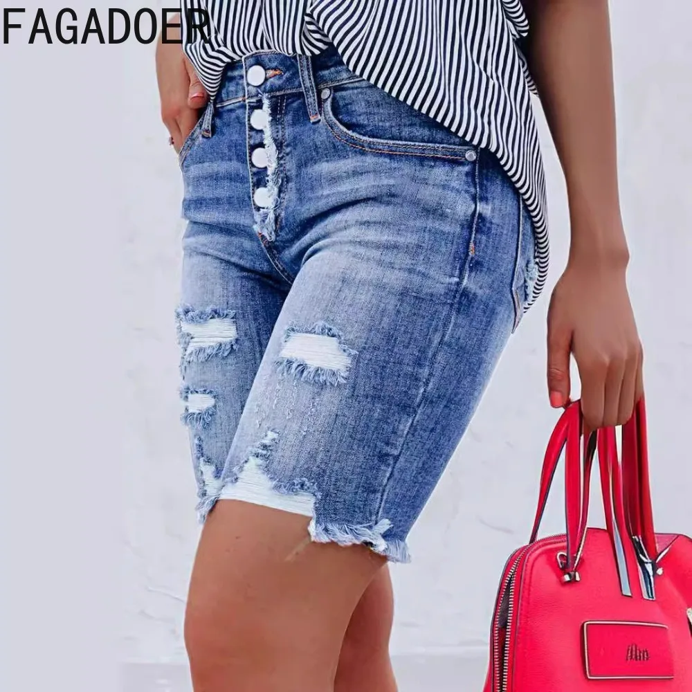 FAGADOER Fashion Streetwear Women High Waisted Button Pocket Hole Denim Skinny Shorts Casual Female Cowboy Biker Shorts Bottoms