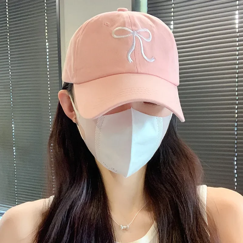 Sweet Bowknot Embroidery Baseball Hat For Women Solid Color Korean Girl Peaked Cap Outdoor Soft Cotton Snapback Sun Visors