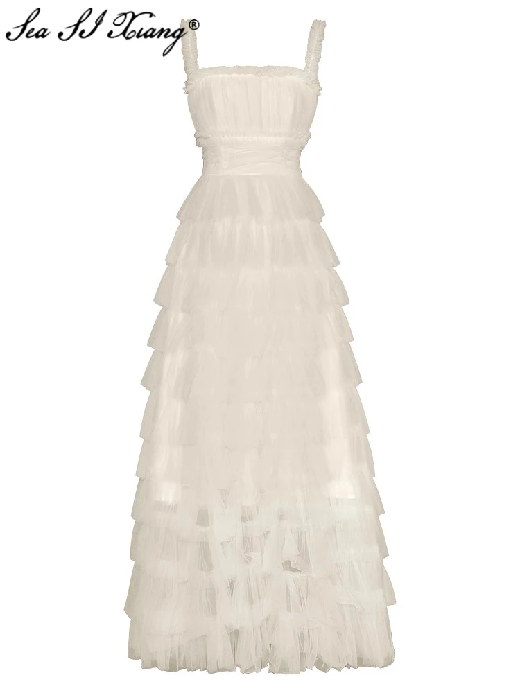 

Seasixiang Fashion Designer Summer Mesh Long Dress Women Slash Neck Sleeveless Cascading Ruffle Elegant Party Backless Dresses