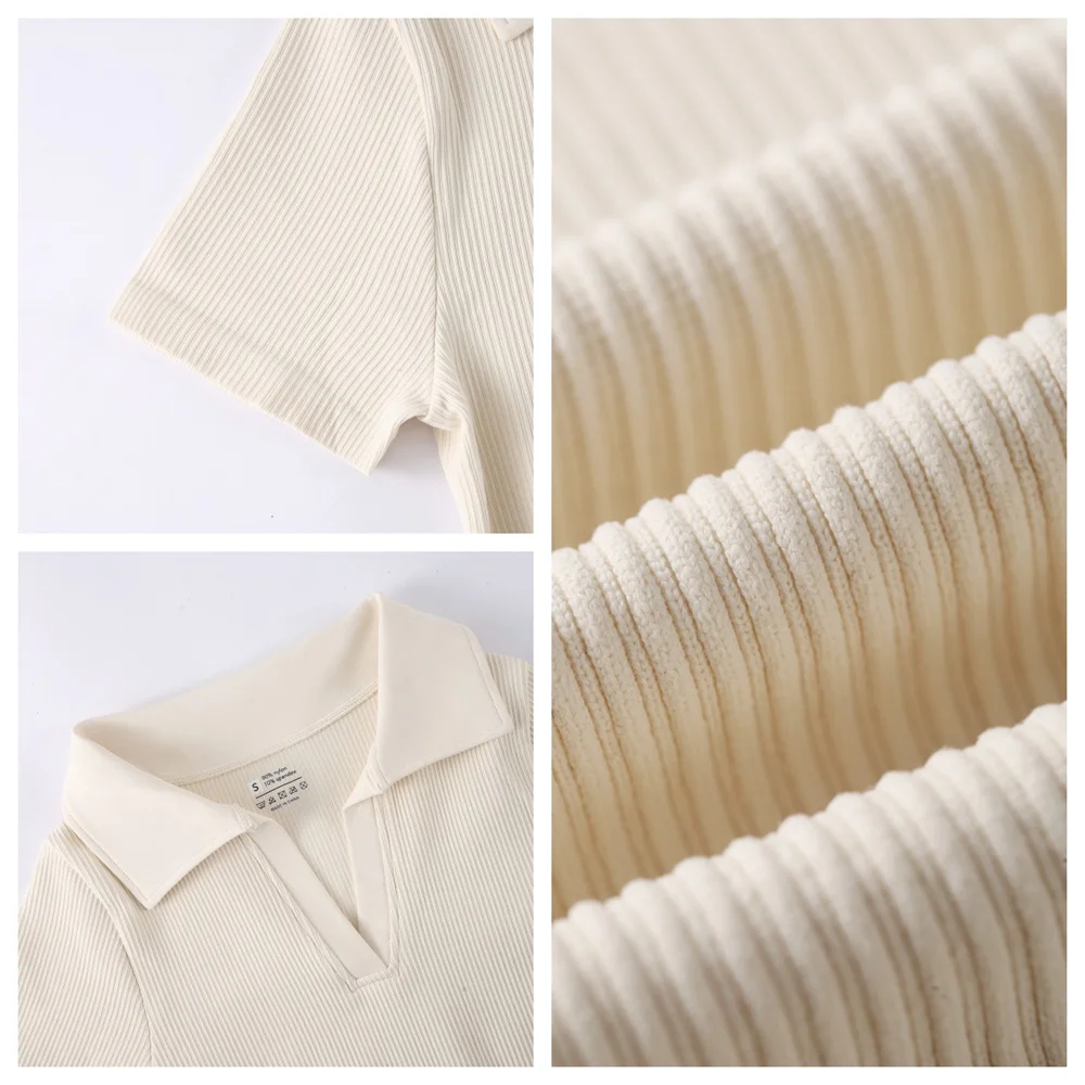 Sexy gerippte Minikleider, geripptes Kurzarmkleid mit V-Ausschnitt und Kragen, Sommerkleid, figurbetontes Boho-Kleid, nahtlos, sehr dehnbar – Detail 1