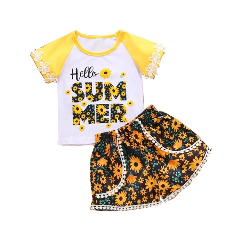 

New Toddler Girls Sets Summer Slogan Graphic Sunflower Tee Pom Pom Shorts Outfits