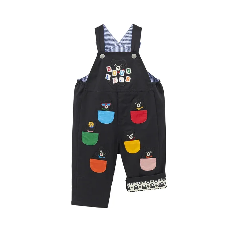 Boys' Trousers New Children's Cartoon Black Bear Color Pocket Embroidered Bib Jeans