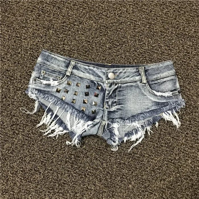 

Women's Shorts Sexy Hole Rivet Low Waist Thong Denim Ultra Mini Short Female Bikini Jeans Feminino Nightclub