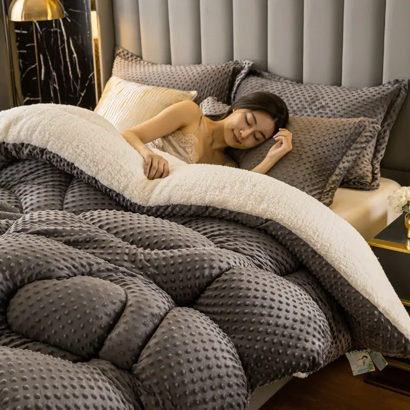 4pcs Luxury Lamb Cashmere Bedding Sets Winter Duvet Cover Quilted Warm Pillowcases Queen King Size