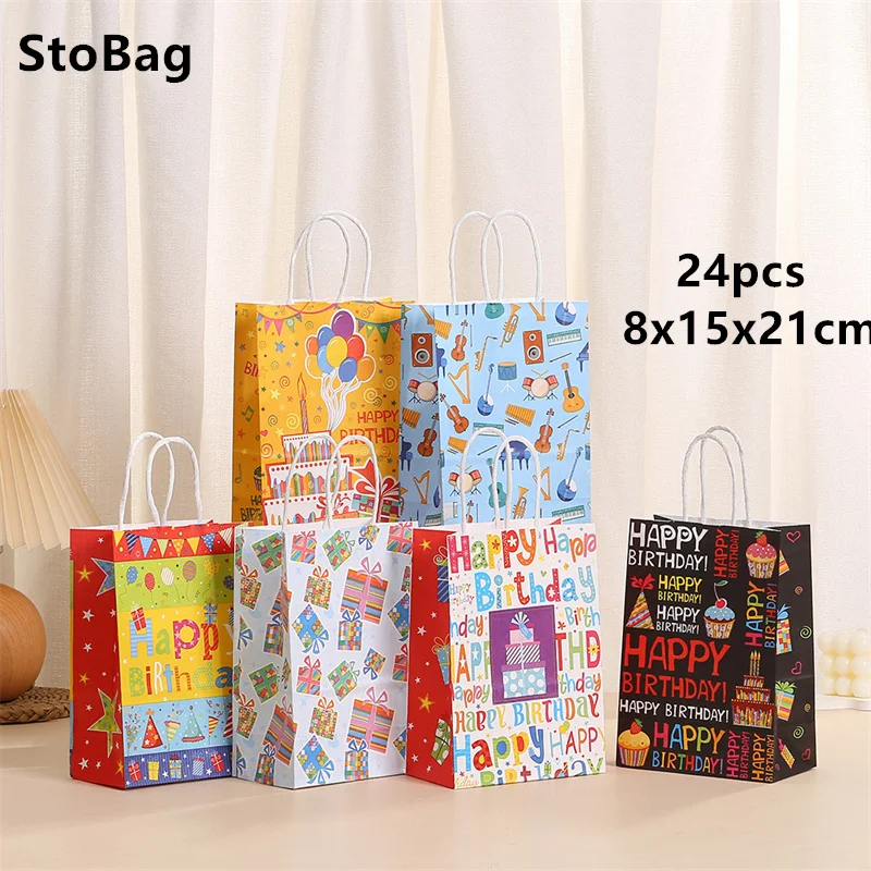 

Портативные пакеты StoBag из крафт-бумаги, оптовая продажа, подарочные пакеты с текстом на день рождения, конфеты для вечеринки, закуски, декоративные принадлежности, 24 шт.