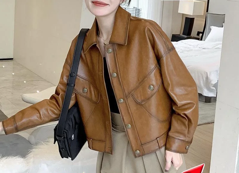 

New Spring Woman Faux Leather Jacket Chic Vintage Short Lapel single breasted short Biker Coats Fashion Streetwear Tops t677