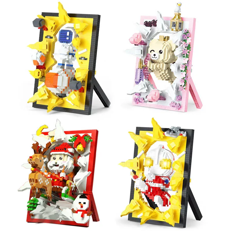 

City Astronaut Santa Claus Stereogram Photo Frame Mini Size Building Blocks DIY Cartoon Cupid Cub Bricks Toys For Children Gifts