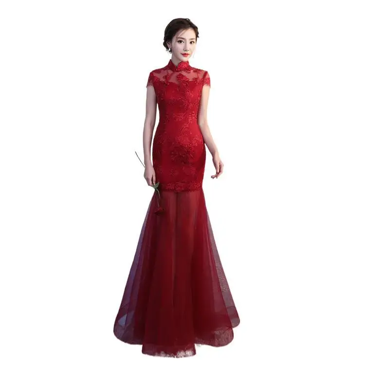 Elegant Female Chinese Classic Cheongsam Traditional Evening Party Dress Sexy Slim Long Qipao Large Size 3XL Lace Vestidos