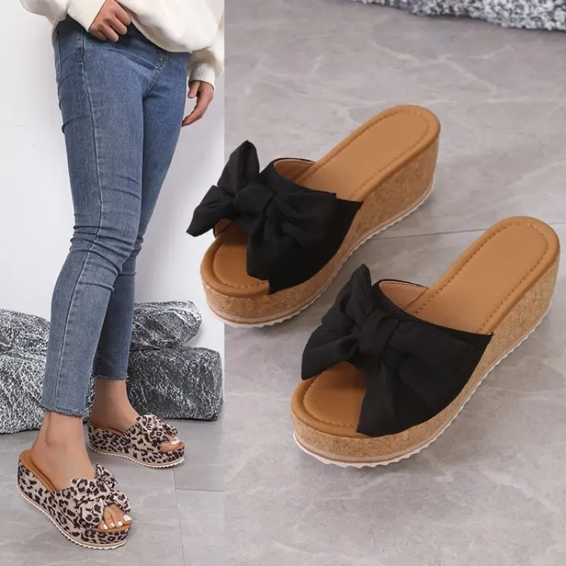 

High Wedges Slippers for Women Sandals Bowknot Platform Slippers Women Mules Slip On Shoes For Woman Slides Casual Open Toe Slip