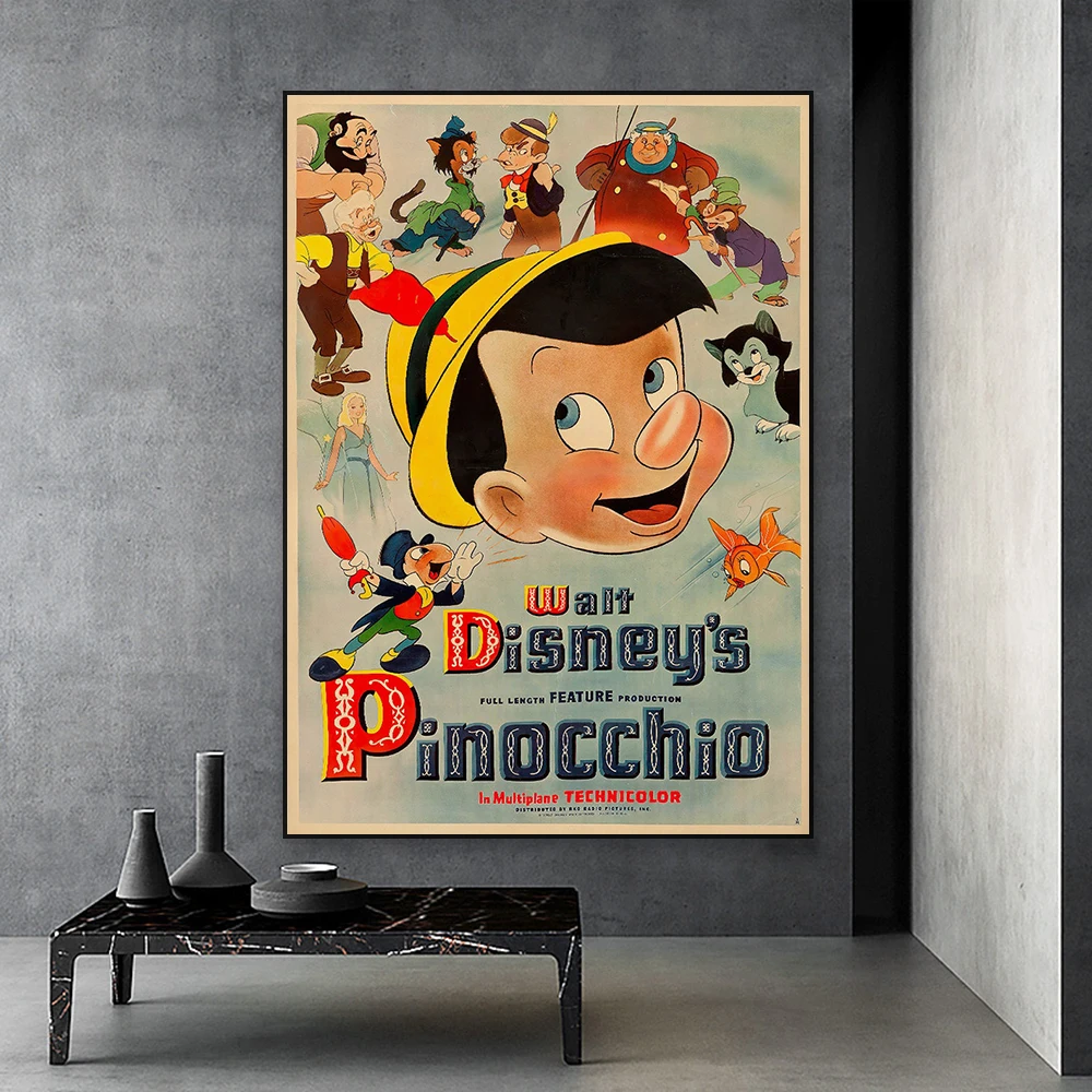 Retro Movie Poster Pinocchio Canvas Painting Wall Art Vintage Movie Poster Disney Wall Art Prints Home Kids Bedroom Decoration