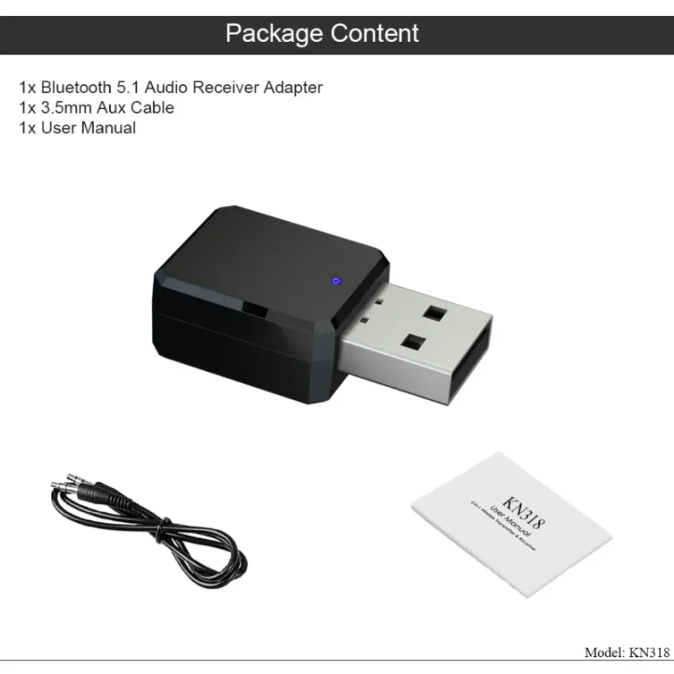 Bluetooth 5.1 Dual Output Wireless Audio Receiver with AUX and USB for Car Stereo and Hands-Free Calling