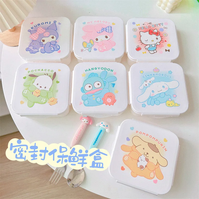 

2024 New Hellokitty Sanrio Cartoon Preservation Box Convenient Carry Fruit Sealing Box Kuromi Four Square Pop Button Box Kawaii