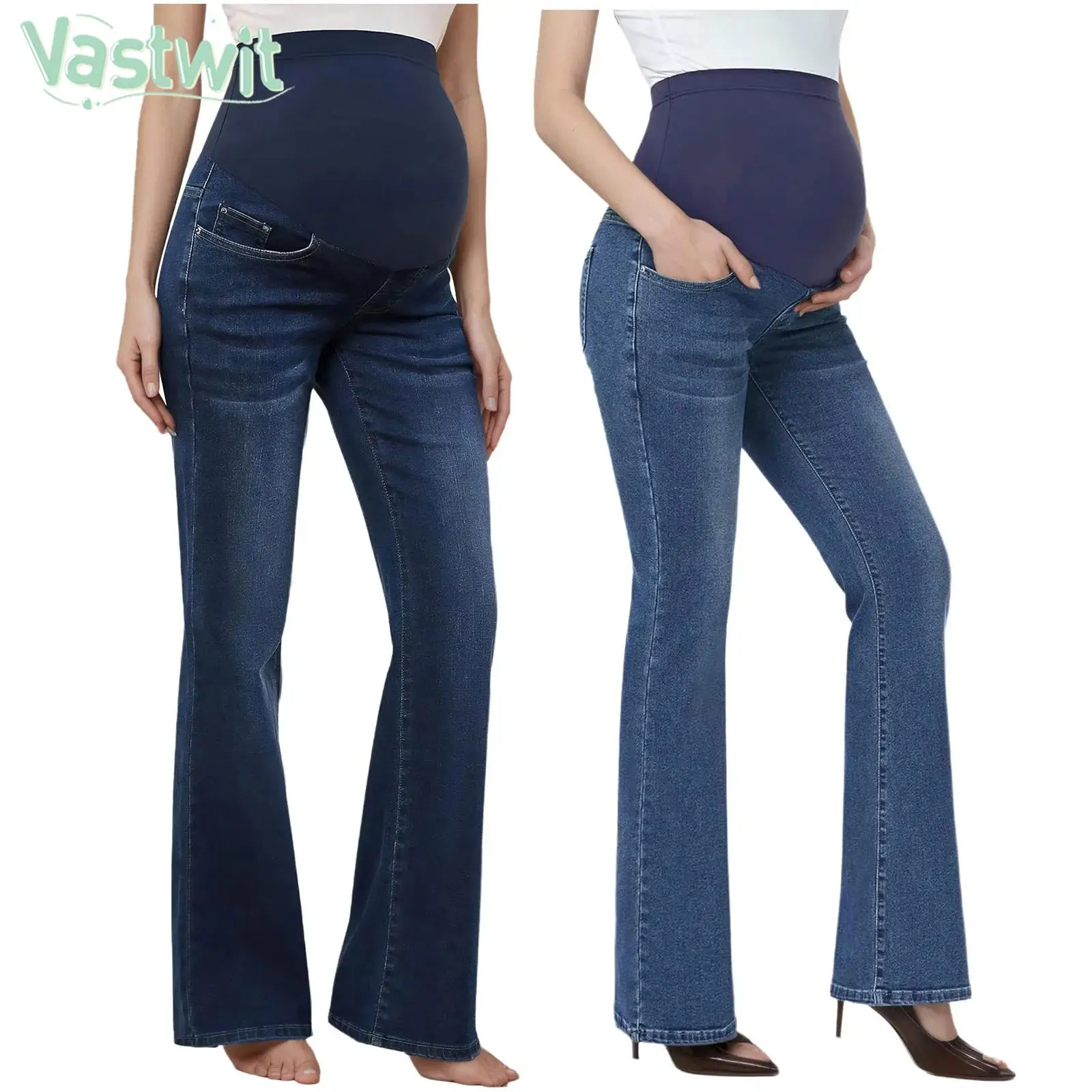 Maternity Fashion Casual Flared Jeans High Waist Over The Belly Bell-Bottom Denim Pants for Yoga Daily Office Work Street Wear