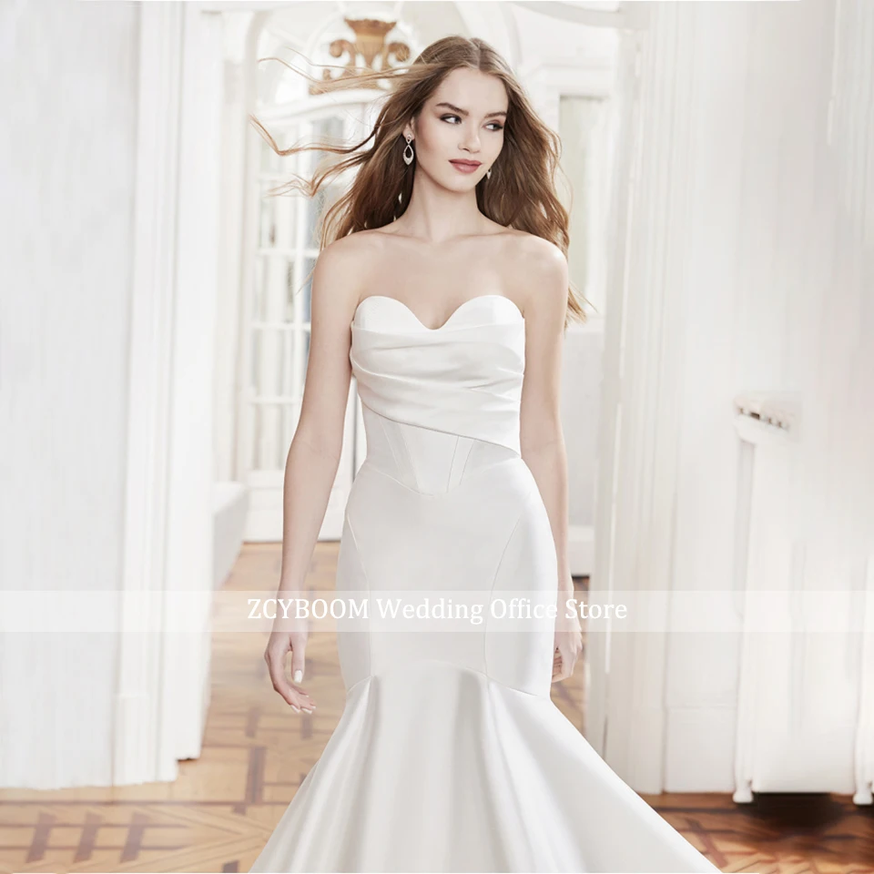 Boho Satin Meerjungfrau-Hochzeitskleider Plissiert Ärmellos mit Knöpfen Einfache Trägerlose Lange Brautkleider mit Schleppe Vestidos De Novia – Detail 5