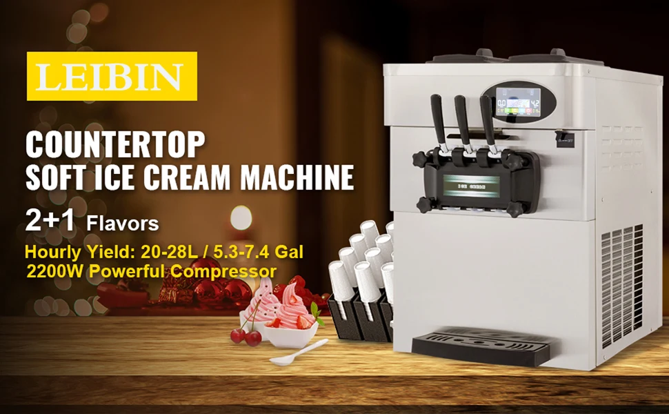 Description Picture 2 of item20-28L/H Soft Ice Cream Maker Commercial Countertop Tricolor 2+1 Flavors Sweet Cones Freezing Equipment Vending Machine