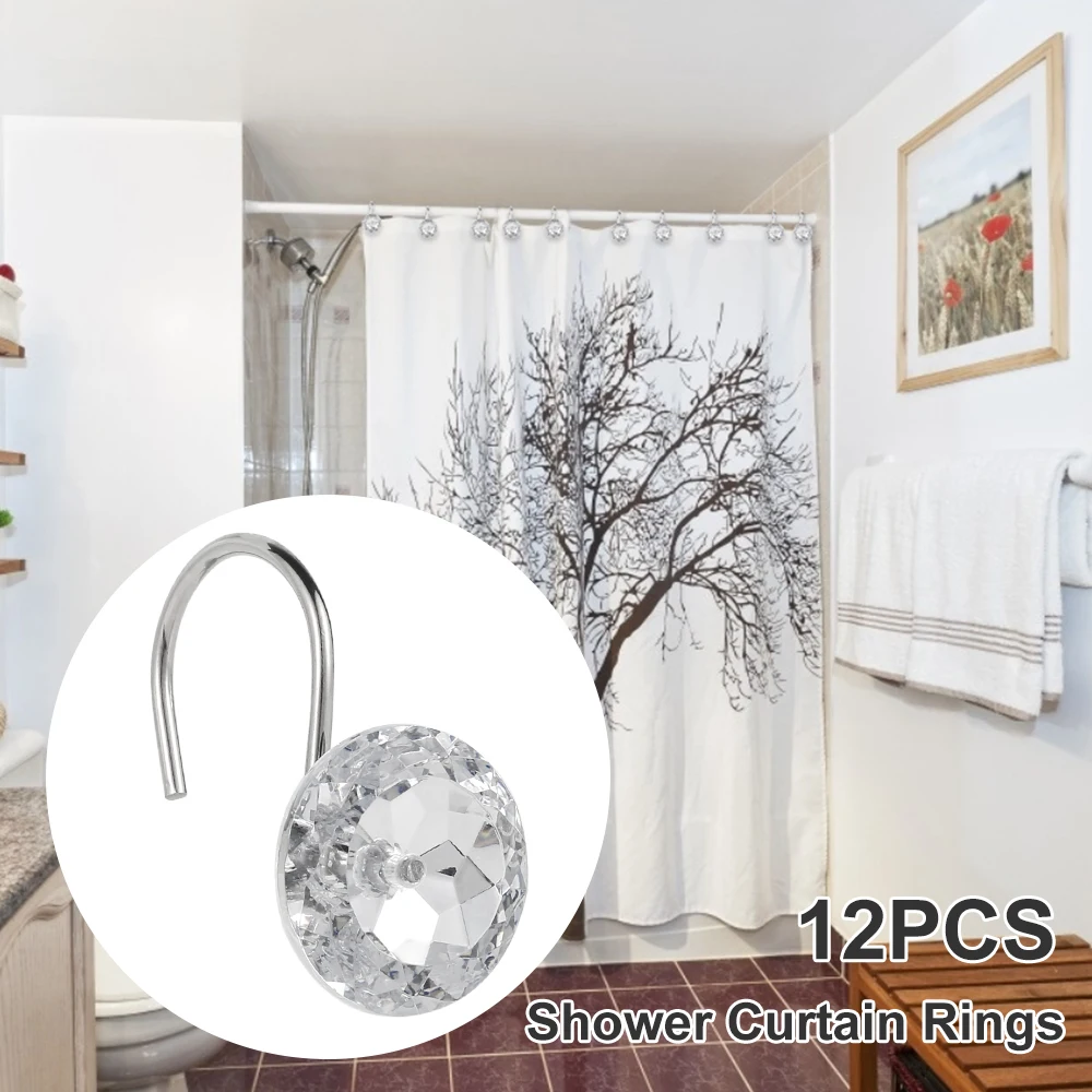12pcs Shower Curtain Hooks Acrylic Crystal Shower Curtain Rings Rustproof Round Diamond Decorative Rings Hooks