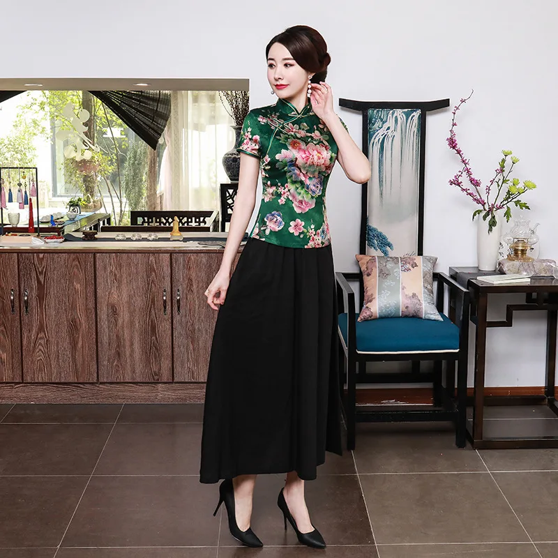 Women Chinese Shirt 3XL-5XL Short Sleeve Cotton Mandarin Collar Print Flower