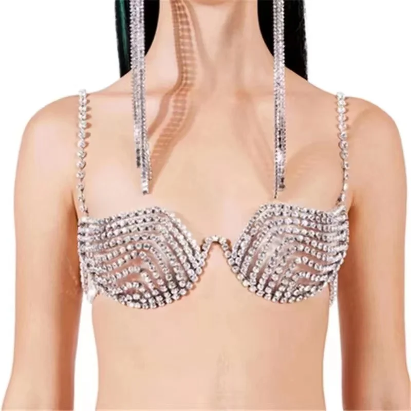 2022 fashion luxury Pink Rhinestone bra chain women's sexy underwear crystal bra layered corset nightclub tight sling underwear