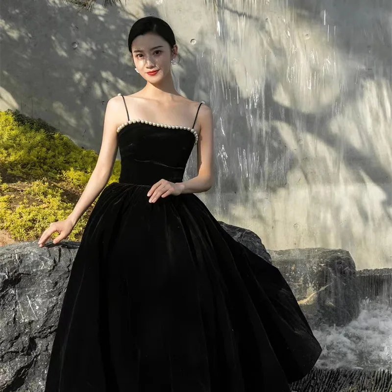 

Simple Black Red Two Colors Backless Evening Dress Beading Spaghetti Strap Robe Soiree Elegant Ankle-length Sukienka Wieczorowa